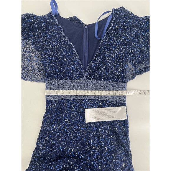 Mac Duggal Size 4 Navy Blue SEQUINED V-NECK CAPE SLEEVE BEADED WAIST GOWN 4808 - Picture 9 of 11